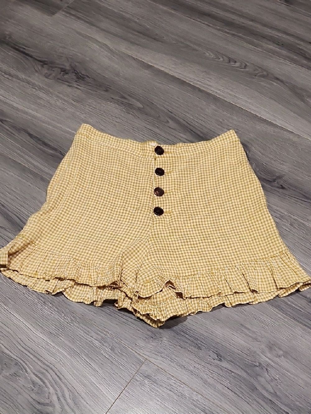 Capulet Mustard Yellow High Waisted Ruffle Button Front Rosie Gingham Shorts